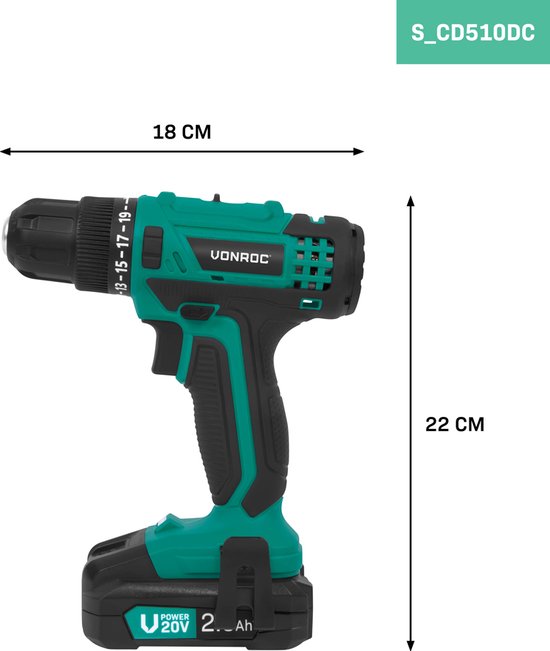 VONROC Accuboormachine 20V – 19 schroefstanden + boorstand - Incl. 2 bits - Incl. 2.0Ah Accu en snellader