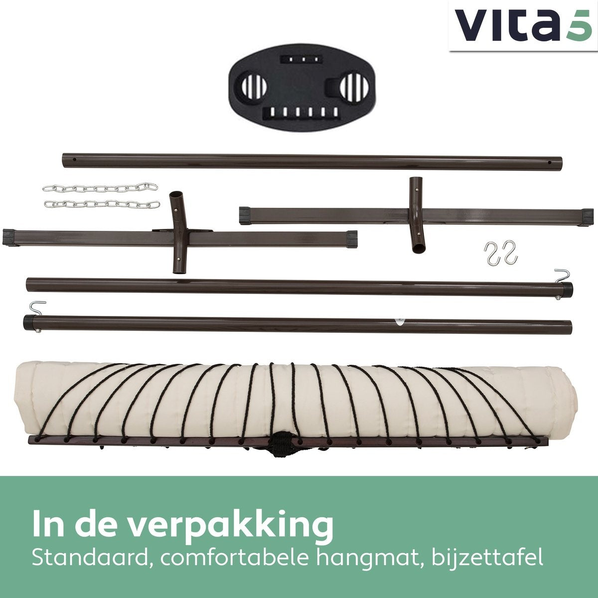 Vita5 Hangmat met Standaard en Spreidstok – 2 Persoons, Incl. Bekerhouder  – max. 200 kg – 350 x 120 x 140 cm – Beige
