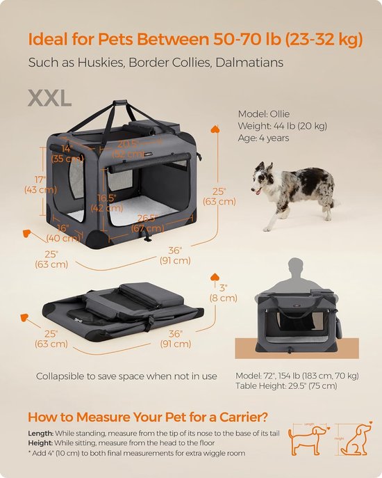 Feandrea Opvouwbare Reistas voor Huisdieren PDC90G01 – Grote Soft Travel Crate voor honden en katten, 91 × 63 × 63 cm – Grijs – Ademend met netvensters en opbergvakken