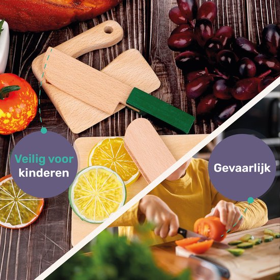 Qwali Houten Kindermessen Set - Veilig - Incl. Snijplank - Kinder - Bestek - Messen Kind - Keuken - Speelgoed