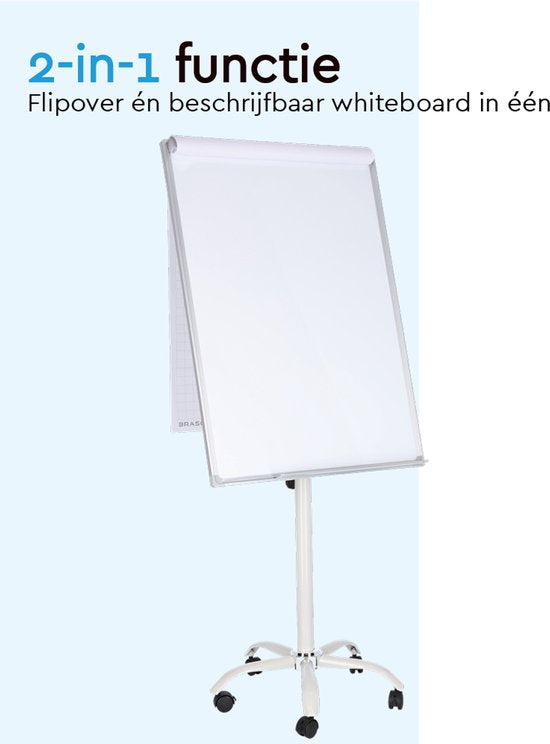 BRASQ Flipover Verrijdbaar - 70x100 cm - Verstelbaar Whiteboard - Inclusief 25 vellen papier, 4 stiften, 8 magneten, wisser - Flipover met papierklem en haken - Magnetisch bord - Magneetbord - Wit