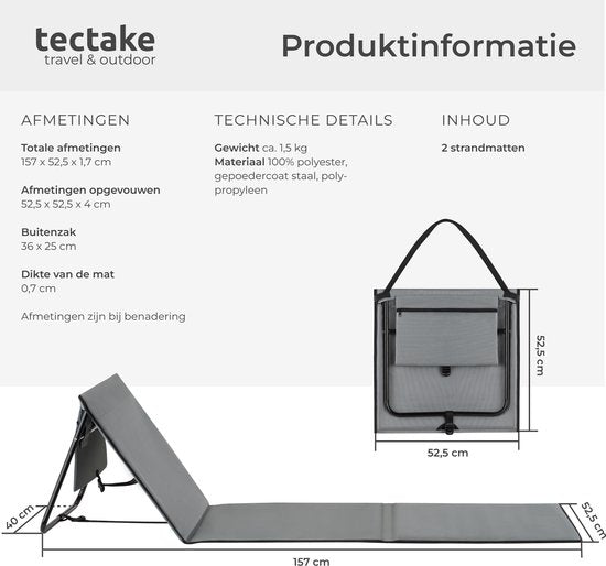 tectake® Strandmat - Set van 2 opvouwbare ligmatten met verstelbare rugleuning, draagriem en opbergvak - Ideaal voor strand, camping of tuin - Lichtgewicht en onderhoudsvriendelijk - Grijs