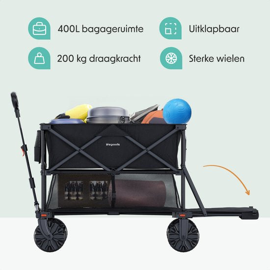 LifeGoods Dubbele Bolderkar - Opvouwbare Bolderwagen - 200KG - 400L - Uitklapbaar - Met Beschermhoes - Zwart