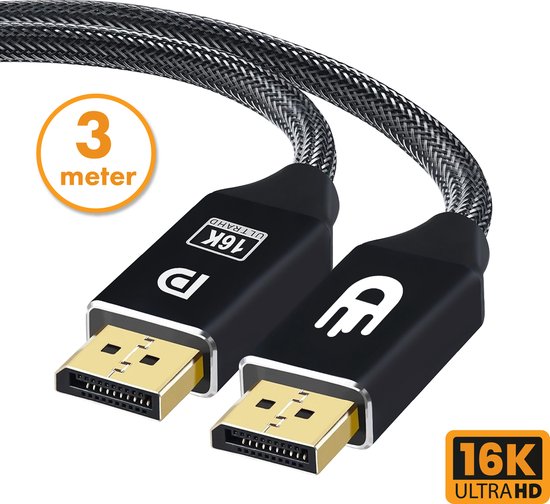 Drivv. Displayport Kabel 2.1 - 16K 60Hz 8K 120Hz 4K 144Hz - 80Gbps - Displayport 2.1 - DP Kabel - 3 meter - Zwart