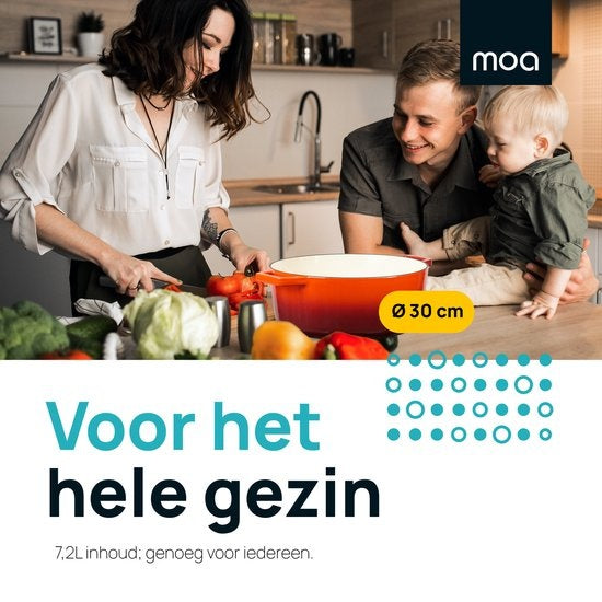 MOA Gietijzeren Braadpan - Inhoud 7,2 liter - 30CM - Rond - Alle warmtebronnen - Ook voor inductie - Gewicht 7,3 kg - Oranje Rood - C30OR