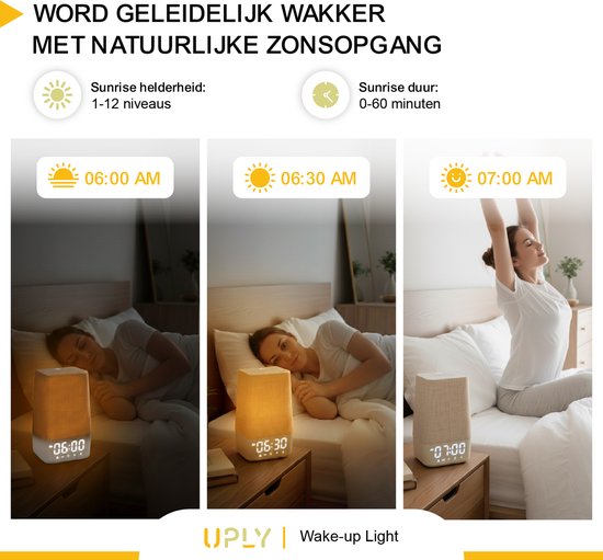 UPLY Wake up light - Met USB oplaadpunt - Met 30 geluiden - Wekker met licht - White noise - Digitale wekker