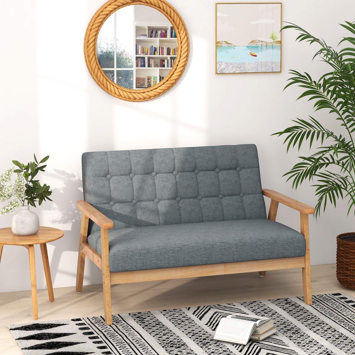 Coast Linnen Loveseat 2-Zits - Grijs - 114x72x77 cm - Rubberhouten Frame - Mid-Eeuws Design