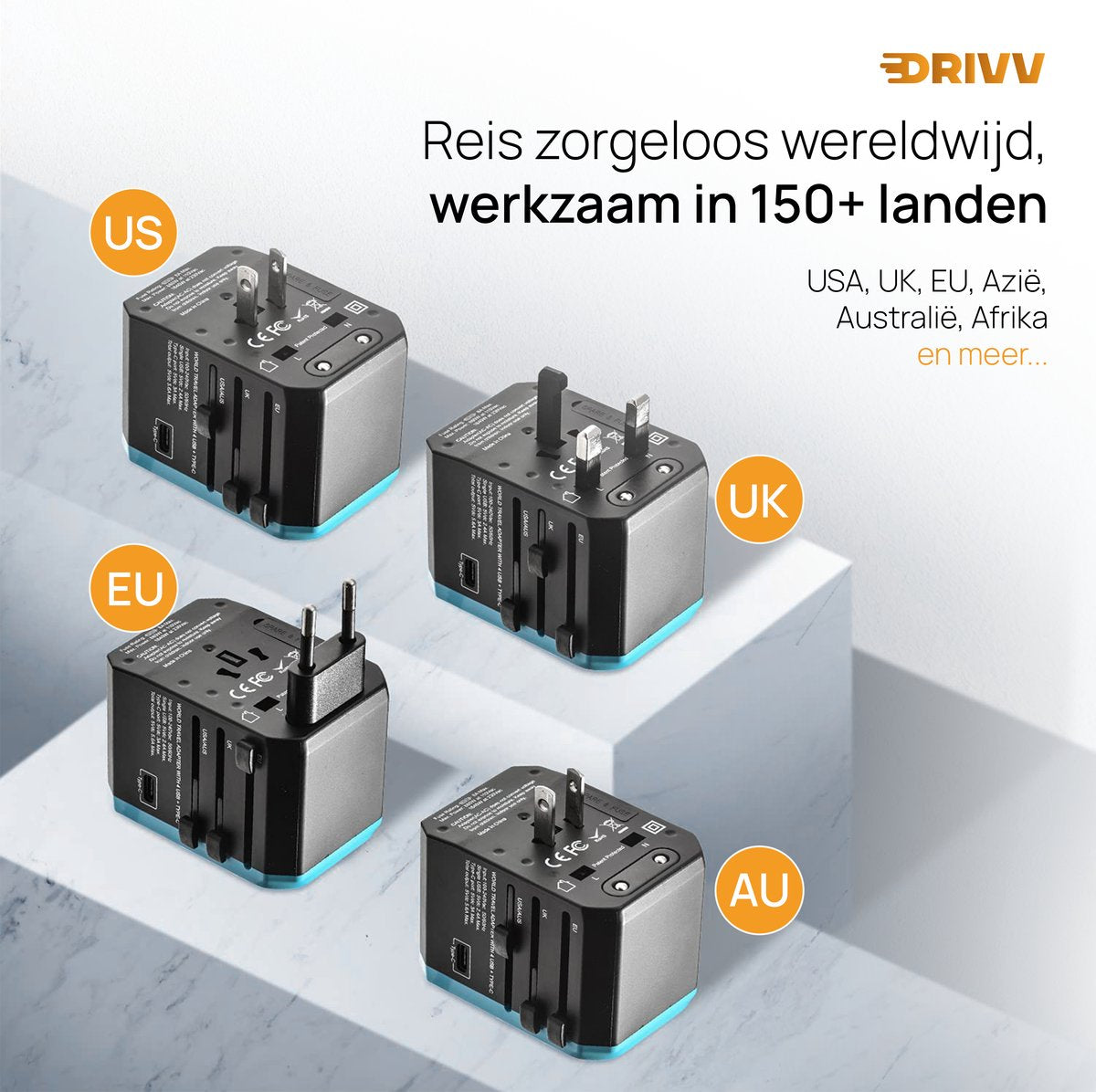 Drivv. Universele Wereldstekker - 4x USB & 1x USB C Fast Charge Travel Adapter - Reisstekker Amerika / Engeland / UK / Canada / Afrika/ Japan / Mexico / Thailand / Zuid Amerika - Type A, B, C, E, F, G, I, J, L, N - 150+ Landen - Reisadapter - Zwart