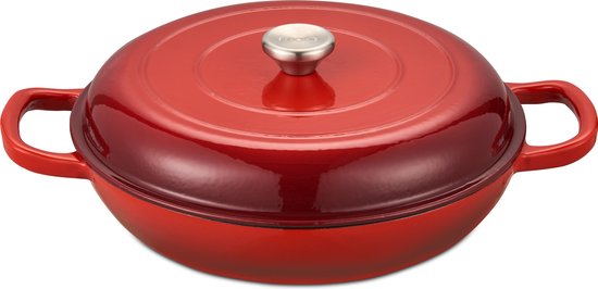 MOA Gietijzeren Braadpan - Braadpan inductie - Gietijzeren pan - 3,5L inhoud - Ø 30 cm - Alle warmtebronnen - Gewicht 5,6 kg - Emaille - Kersenrood