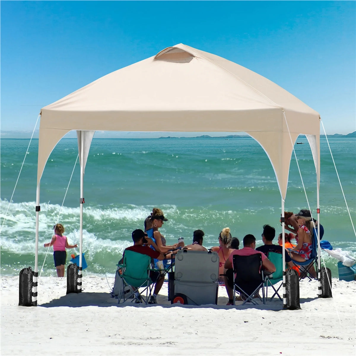 Yaheetech Pop-up Paviljoen 3 × 3 m In Hoogte Verstelbaar met Wieltas, Zandzakken en Haringen Beige