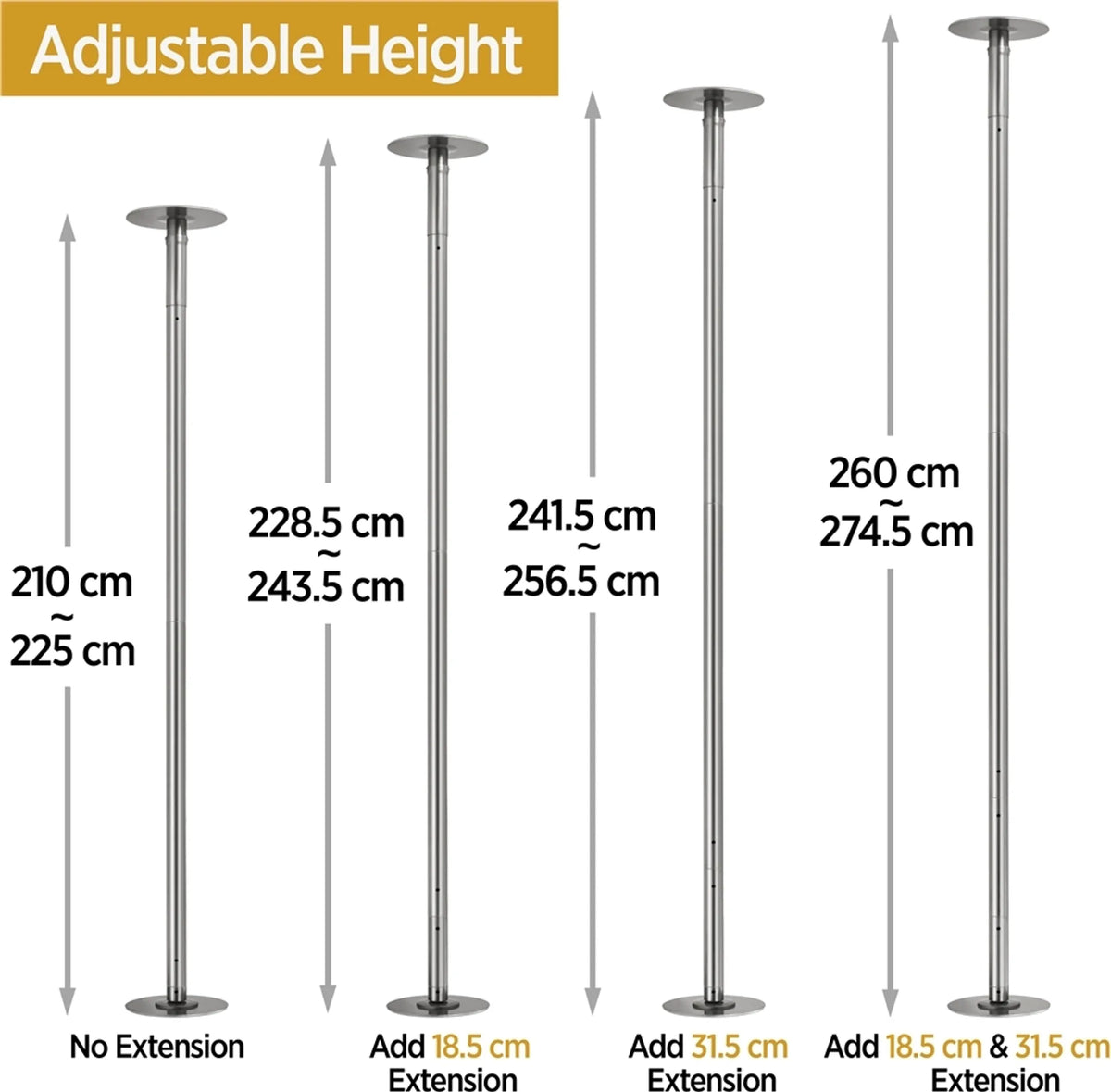 Yaheetech Danspaal 45 mm - Statisch en draaiend - Verstelbaar 225–274,5 cm - Matzilver