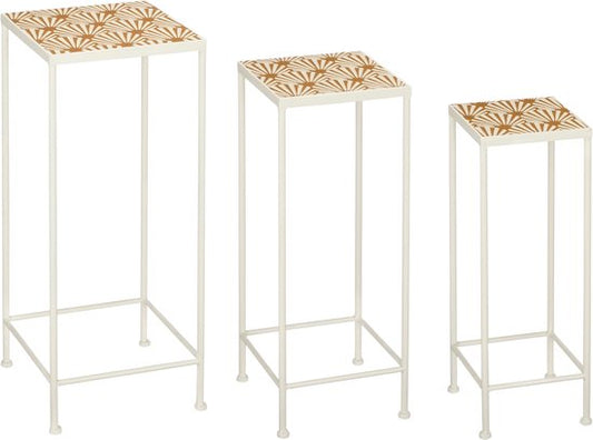 Mica Decorations Odile Bijzettafel voor Buiten - Set van 3 - L28 x B28 x H67 cm - Metaal - Bruin, Wit