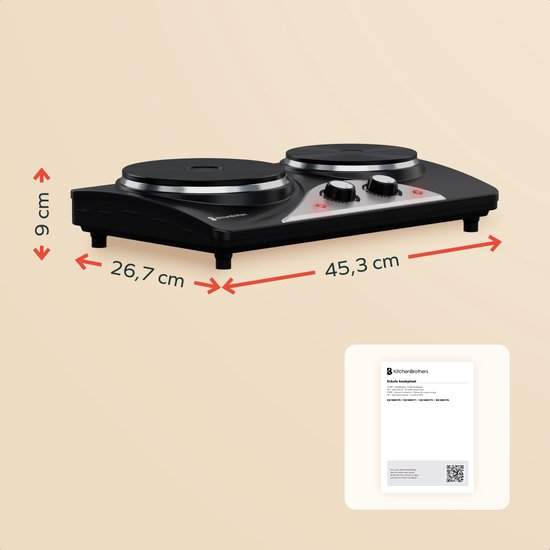 KitchenBrothers Elektrische Kookplaat - 2 Pits - Vrijstaand - 7 temperatuurstanden - 1500W + 1000W - Zwart