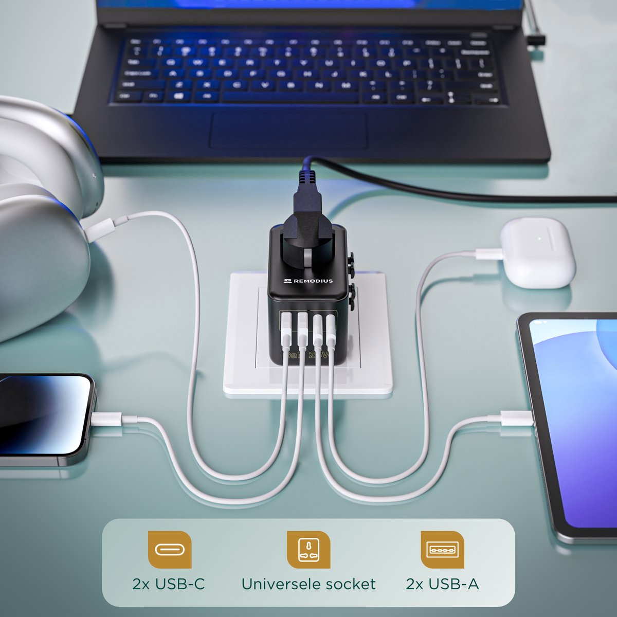 Remodius Wereldstekker - Universele Reisadapter voor 220+ Landen - 2x USB-C & 2x USB-A - Snellader - Type A/B/C/D/E/F/G/I/J/L/N - Compact & Handbagageproof