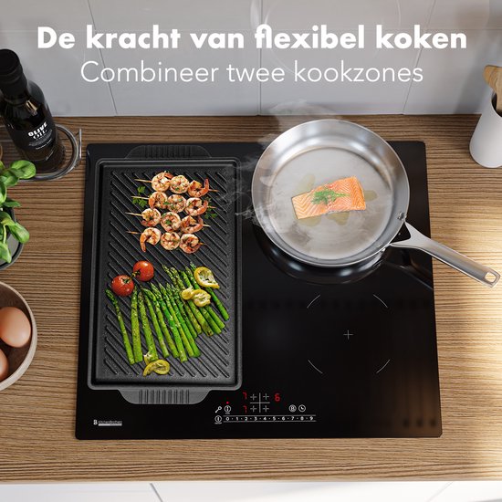 KitchenBrothers Inductie Kookplaat - Inbouw Inductieplaat - 60 cm - 4 Zones - 1x Flexzone - 1 en 2 Fase - Tot 2400W - Zwart