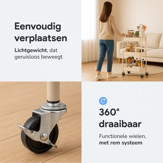 Keuken trolley op Wieltjes - 3 laags - Keukenrek - Serveerwagen - Kastje - Karretje - Opberg - Douche kastjes staand - Rekje - Beige - Luft