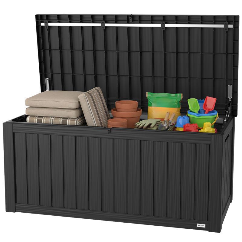 LifeGoods Opbergbox M – 142 x 67 x 60 cm – 450 Liter Inhoud - Luxe Gasveer - Geïntegreerde Handvatten – Zwart Kunststof