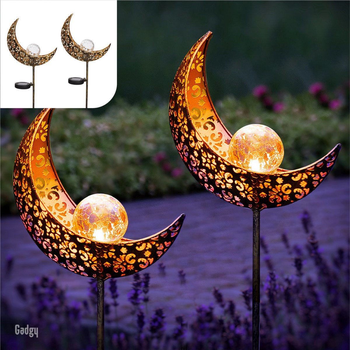 Gadgy Solar Maan Lamp met grondspies - Set van 2 st. - LED met Sensor - 88 cm hoog - Brons - Metaal