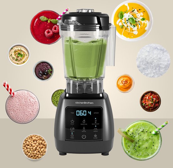 KitchenBrothers 2-in-1 Power Blender - 1600W - 2L - Complete Set met Hakmolen en To-go Beker - Smoothie Maker - IJscrusher - Metallic Grijs