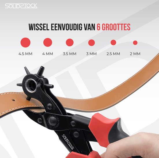 SolidStock Gaatjestang voor riem - met Meetlat - Ponstang - Revolvertang - Gatentang - Rood