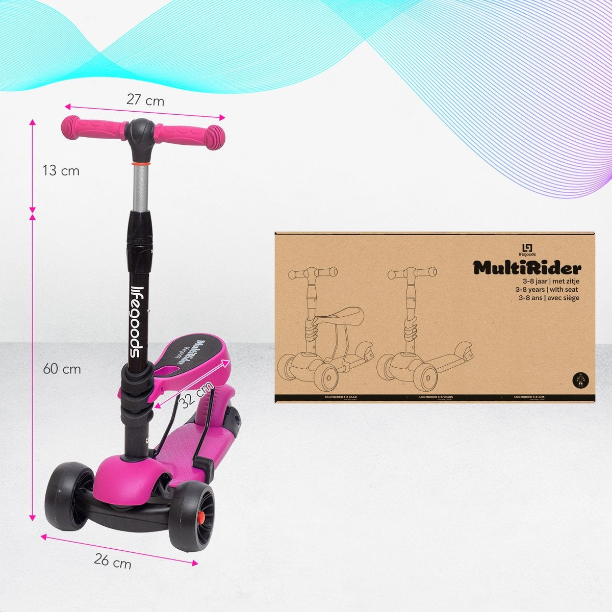 LifeGoods MultiRider Kinderstep - Step 3-8 Jaar - Verstelbaar Zitje - Lichtgevende Wielen - Jongens/Meisjes - Roze