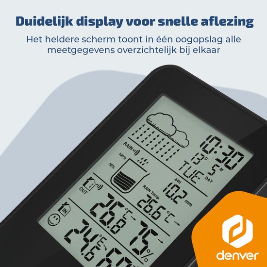 Denver Weerstation - Binnen & Buiten - Hygrometer - Regenmeter - Temperatuur - Weersvoorspelling - Radiogestuurd - Draadloze buitensensor - WSR560