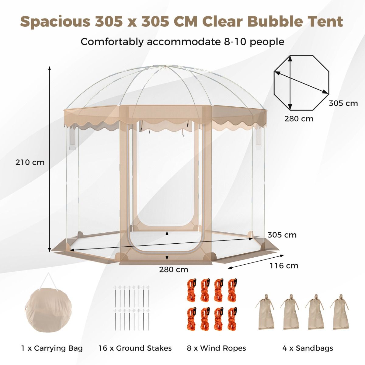 Coast Pop-up Bubbeltent - 8 tot 10 personen - 540° panoramisch uitzicht - transparant - 305 x 305 x 210 cm