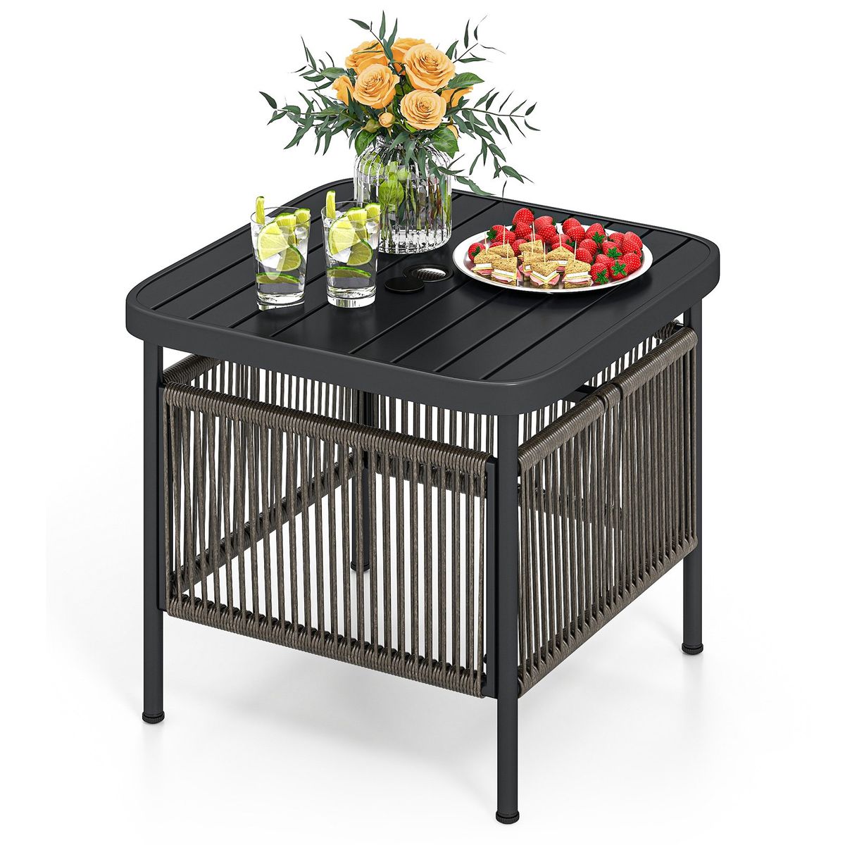 Coast Bijzettafel voor buiten - weerbestendig rattan - met parasolgat - zwart - 56 x 56 x 49 cm