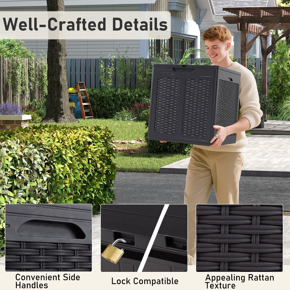 Coast Opbergbox met deksel - rattanlook - multifunctioneel - bruin/zwart - 145 liter