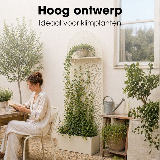 Mica Decorations Sapri Plantensteun - Plantenbak met Klimrek voor Klimplanten - Plantenstandaard Vrijstaand of tegen Muur - 90 x 33 x 180 cm - Off White