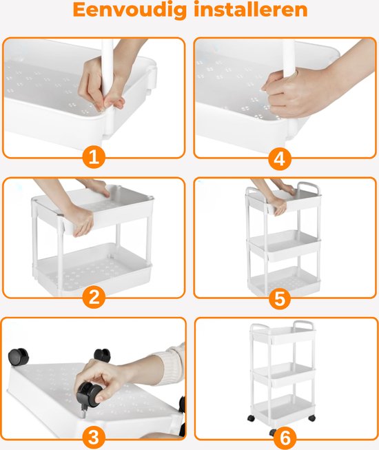 Posity Keukentrolley op wieltjes – Serveerwagen / Opbergtrolley / Keukenrek / Trolley Keuken – Verrijdbaar en Vast – 3 Lagen – Kunststof – Wit