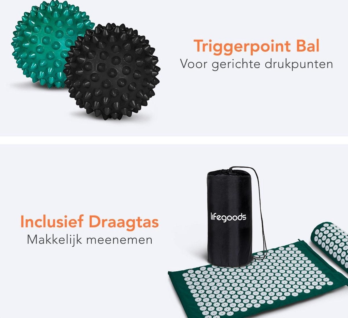 LifeGoods Acupressuur Mat met Kussen - Shakti mat - Spijkermat Incl. 2x Triggerpoint Bal - 66x40x2cm - Groen/Wit