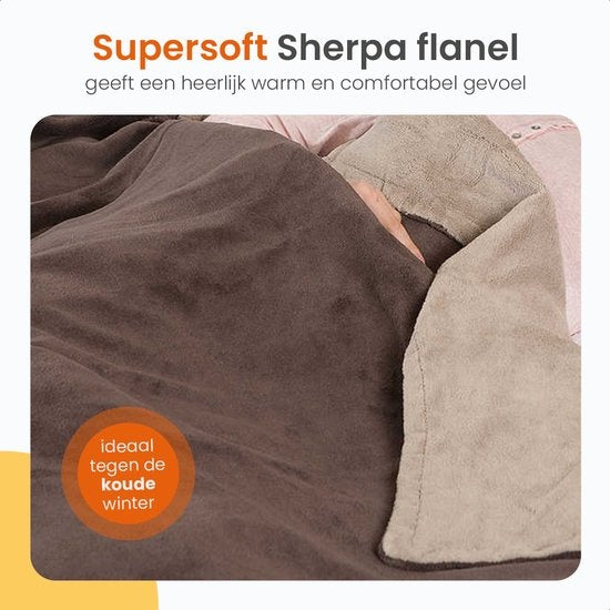 Goliving Elektrische Fleece Plaid - Warmtedeken - Verwarmende Fleecedeken - Elektrische Deken - 3 Warmtestanden - Machinewasbaar - 120 Watt - 2.5 Meter Snoer - Sherpa Flanel - 160 x 120 cm - Bruin