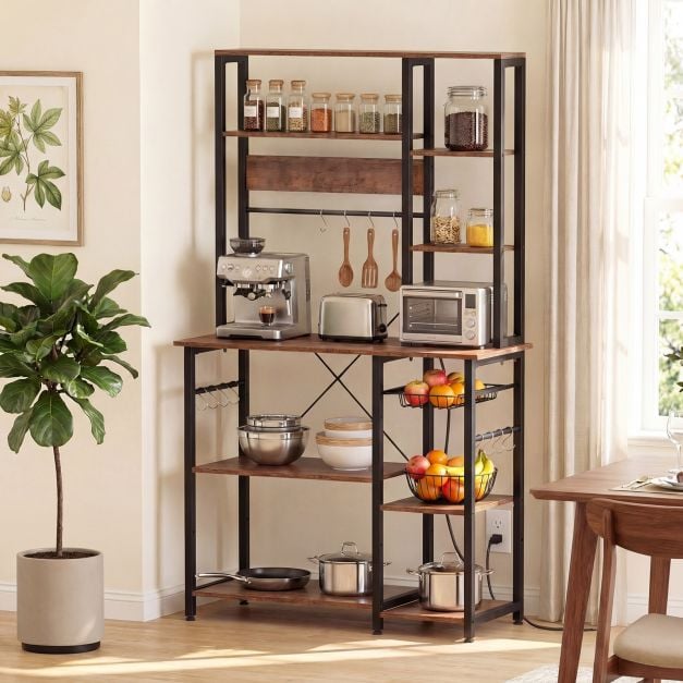 Coast 6-laags Keukenrek met Stopcontact - Magnetronrek met Uittrekbare Draadmand, 12 Haken en USB, 99 × 40 × 170 cm - Rustiek Bruin/Zwart