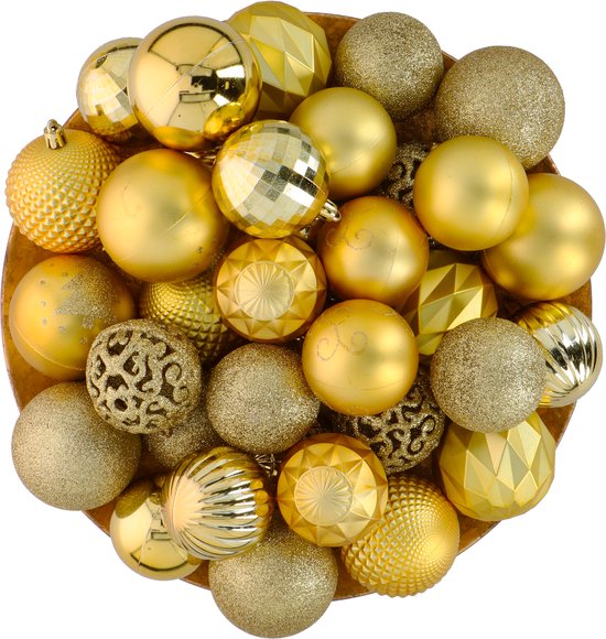 Giftsome Gouden Kersballen Set - 60 Kunststof Kerstballen - Incl. Gouden Piek - Kerst Decoratie - 6/7 cm