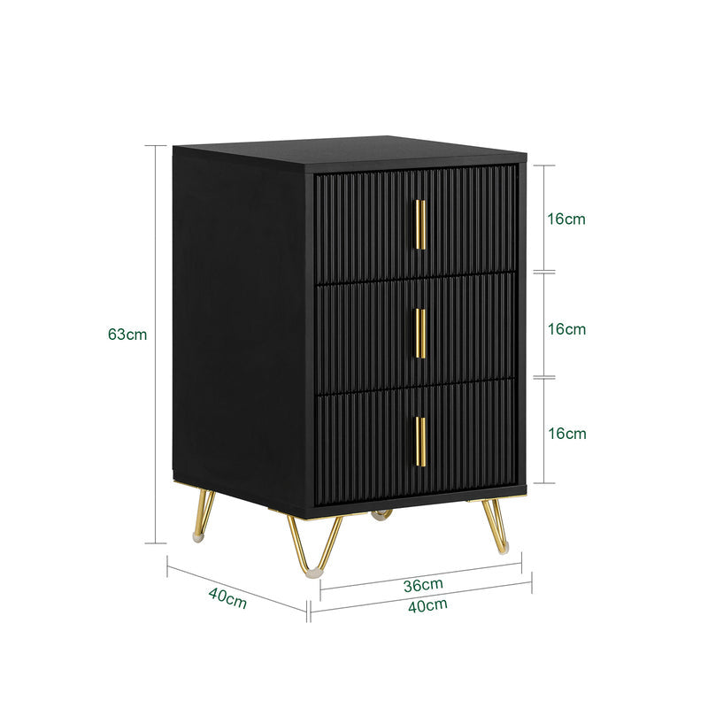 SoBuy Bijzetkastje - Nachtkastje met 3 uitschuifbare lades - Max. 33KG - 40 x 40 x 63 cm - Zwart/Goud
