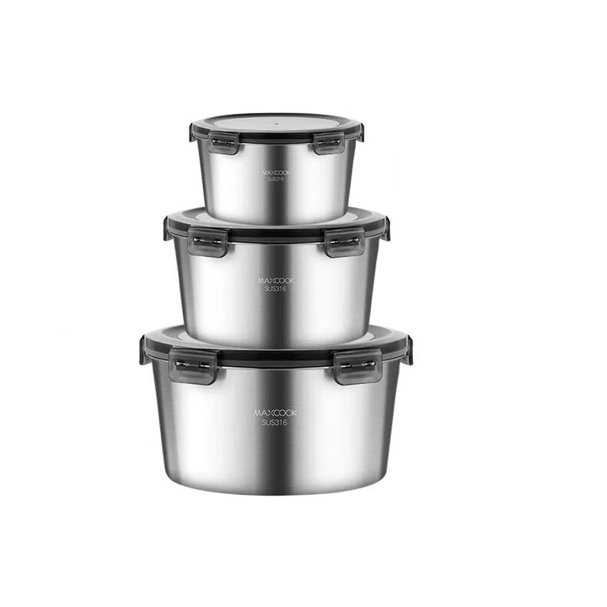 Maxcook Voedselcontainers 3-Delig - 316 RVS - 600/1100/2200 ml - Luchtdicht, Stapelbaar