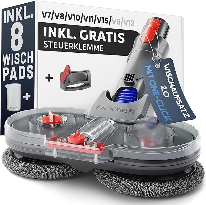 Heldenwerk Dweilopzetstuk voor Dyson V7/V8/V10/V11/V15 - Elektrische Vloerreiniger - 150 ml Watertank - 180° Draaibaar - Incl. 8 Dweilpads