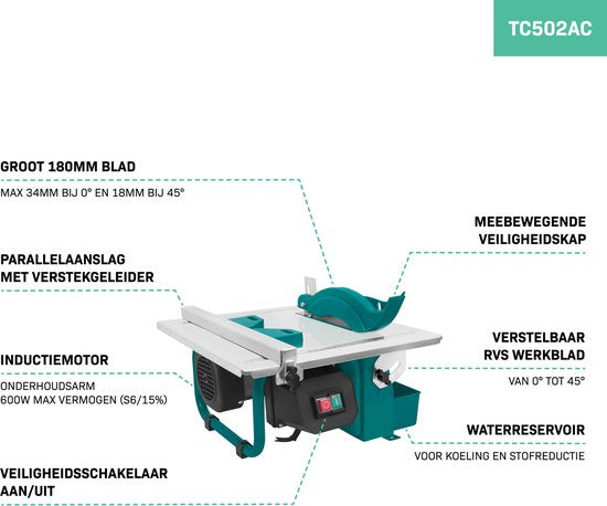 VONROC Tegelzaagmachine 600W – Ø180mm - Incl. diamant zaagblad – watergekoeld - inductiemotor
