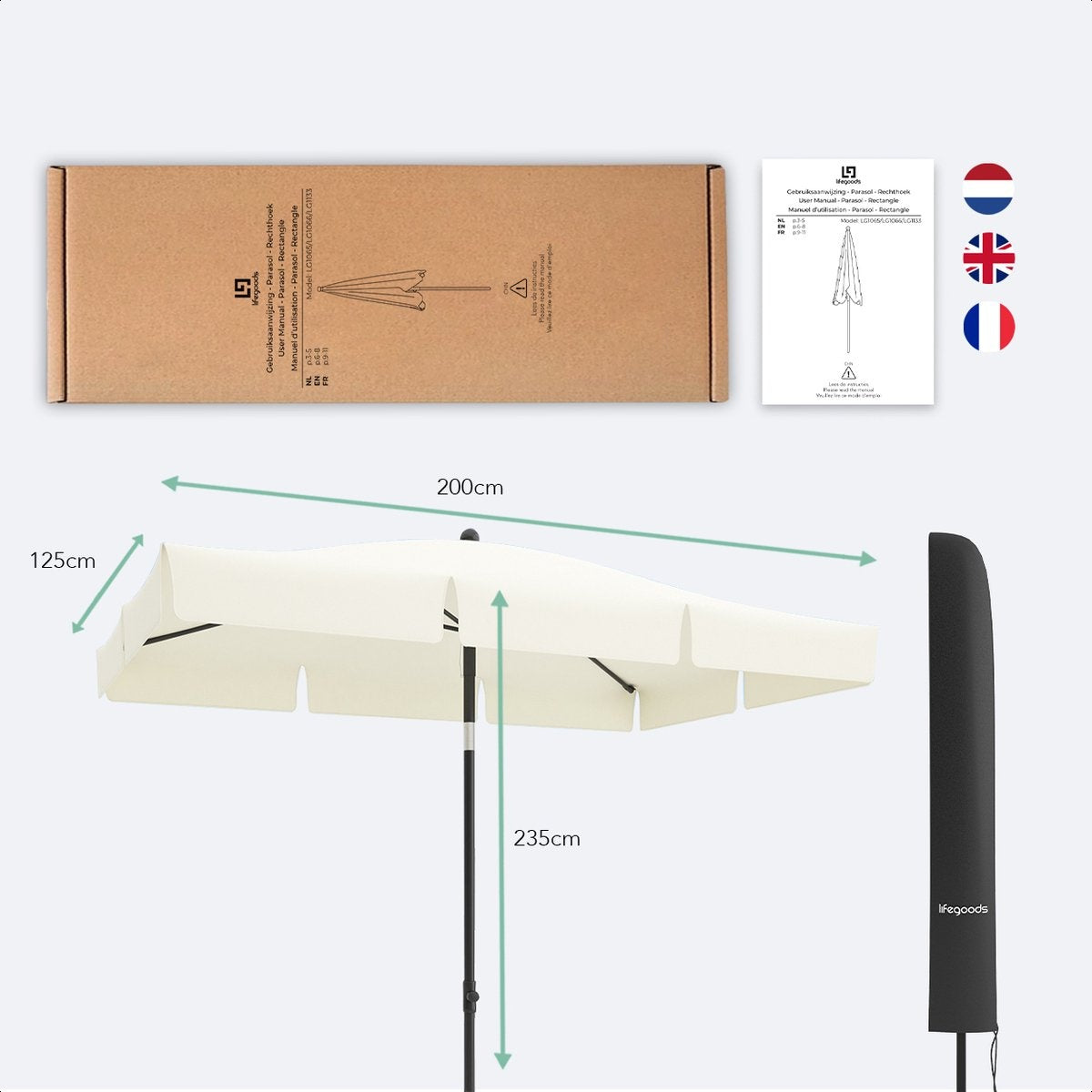 LifeGoods Parasol - Incl. Hoes - 30° Kantelbaar - Waterdicht - Crème - 200 x 125 cm