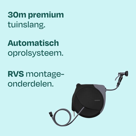 VONROC Automatische slanghaspel – wandslangbox – Incl. 30m premium tuinslang, 8-standen broespistool en koppelingen – zwart/grijs