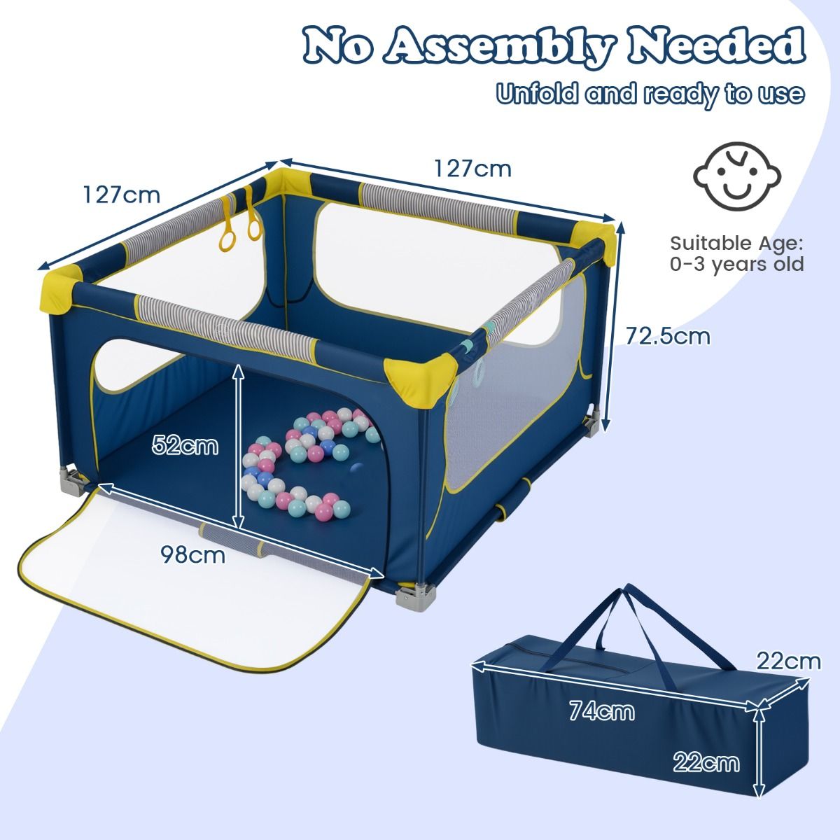 Coast Opvouwbaar Babylooprek 127 x 127 x 72,5 cm - 50 Ballen & 4 Trekringen - Ritsdeur - Blauw