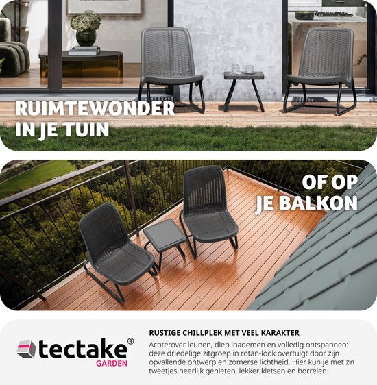 tectake® - Tuinmeubelset voor 2 personen - Buitenmeubels weerbestendig voor balkon - Tuinloungeset - Terrasmeubilair - Zitgroep met 2x loungestoelen en 1x tuintafel bijzettafel - rotan look - grijs