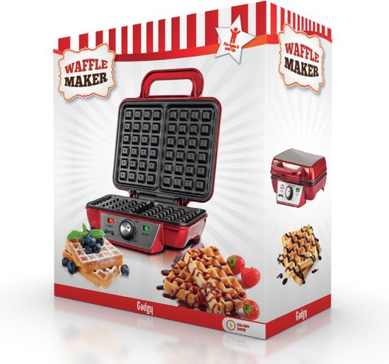 Gadgy Retro Wafelijzer - Anti-Aanbaklaag - 1000 Watt - Regelbare Thermostaat - Rood - 25.6x23.7x9.6 cm