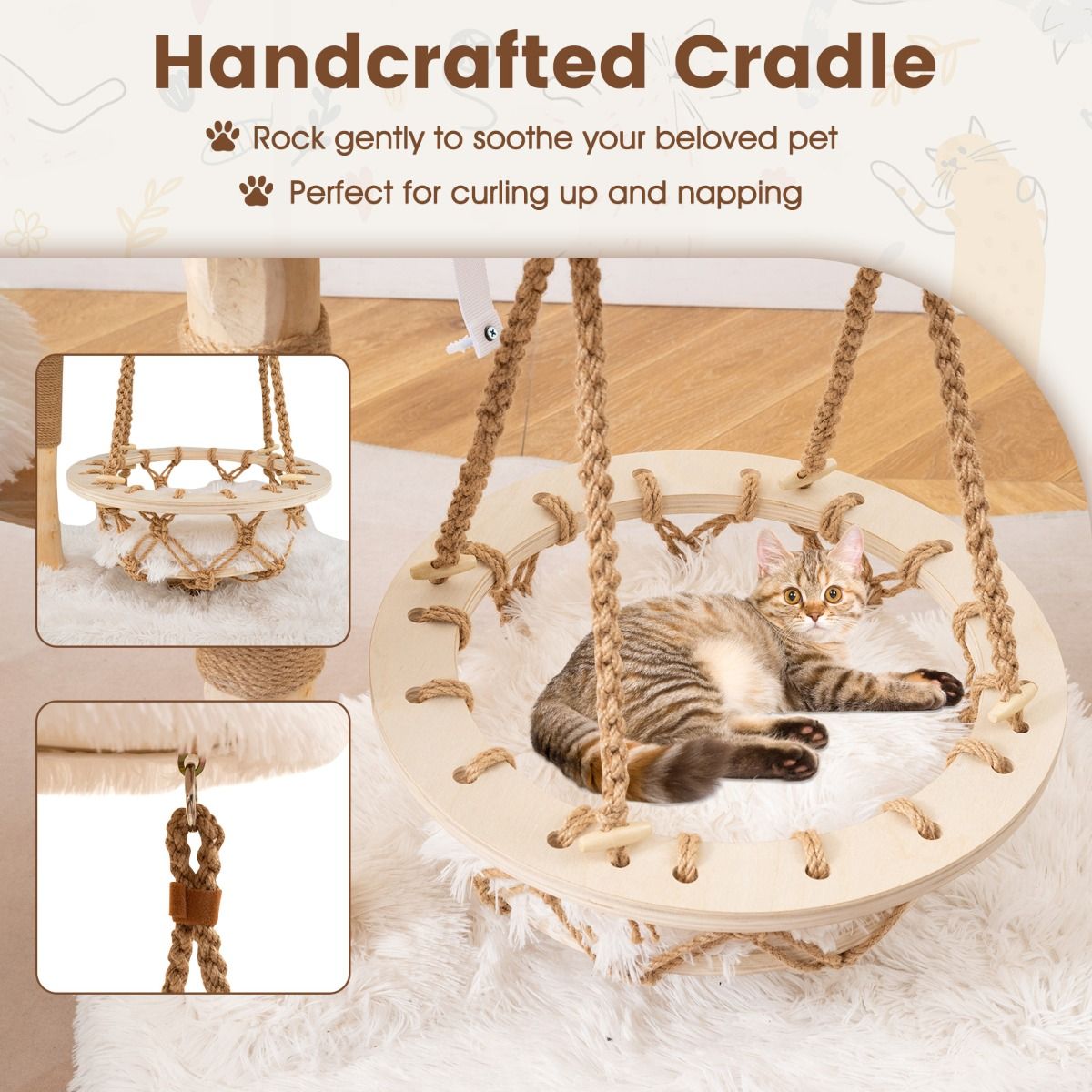 Coast Krabpaal voor Katten - Massief hout met hangwieg en sisal - Natuur en wit - 64 x 44 x 66 cm