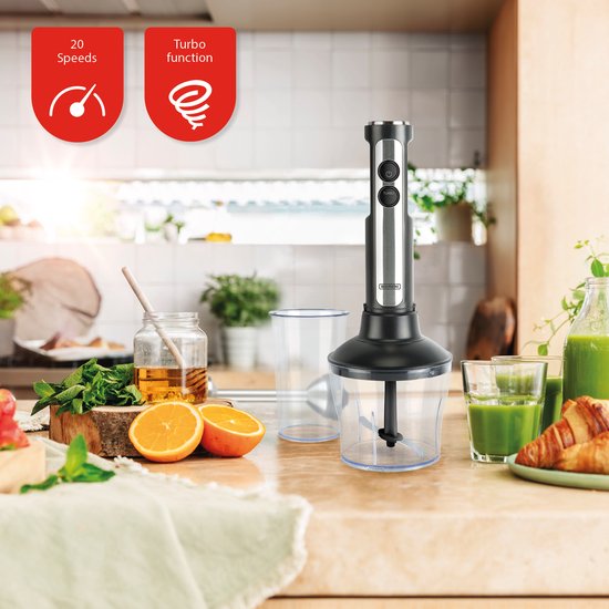Bourgini Staafmixer - 4-delige Krachtige RVS Staafmixer set -20 snelheden - Garde - Hakmolen 600ml - Maatbeker 800ml - 1500W