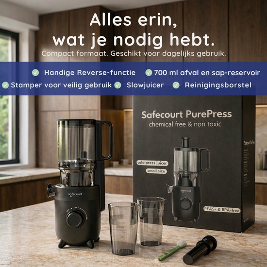 Safecourt Kitchen Slow Juicer - krachtige motor [Pre-cutter & Cold-press technologie] - eenvoudige reiniging - BPA-vrij - sapcentrifuge Zwart