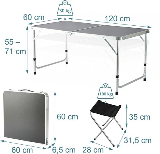 Campingtafel - met 4 stoeltjes - inklapbaar - verstelbaar - zwart