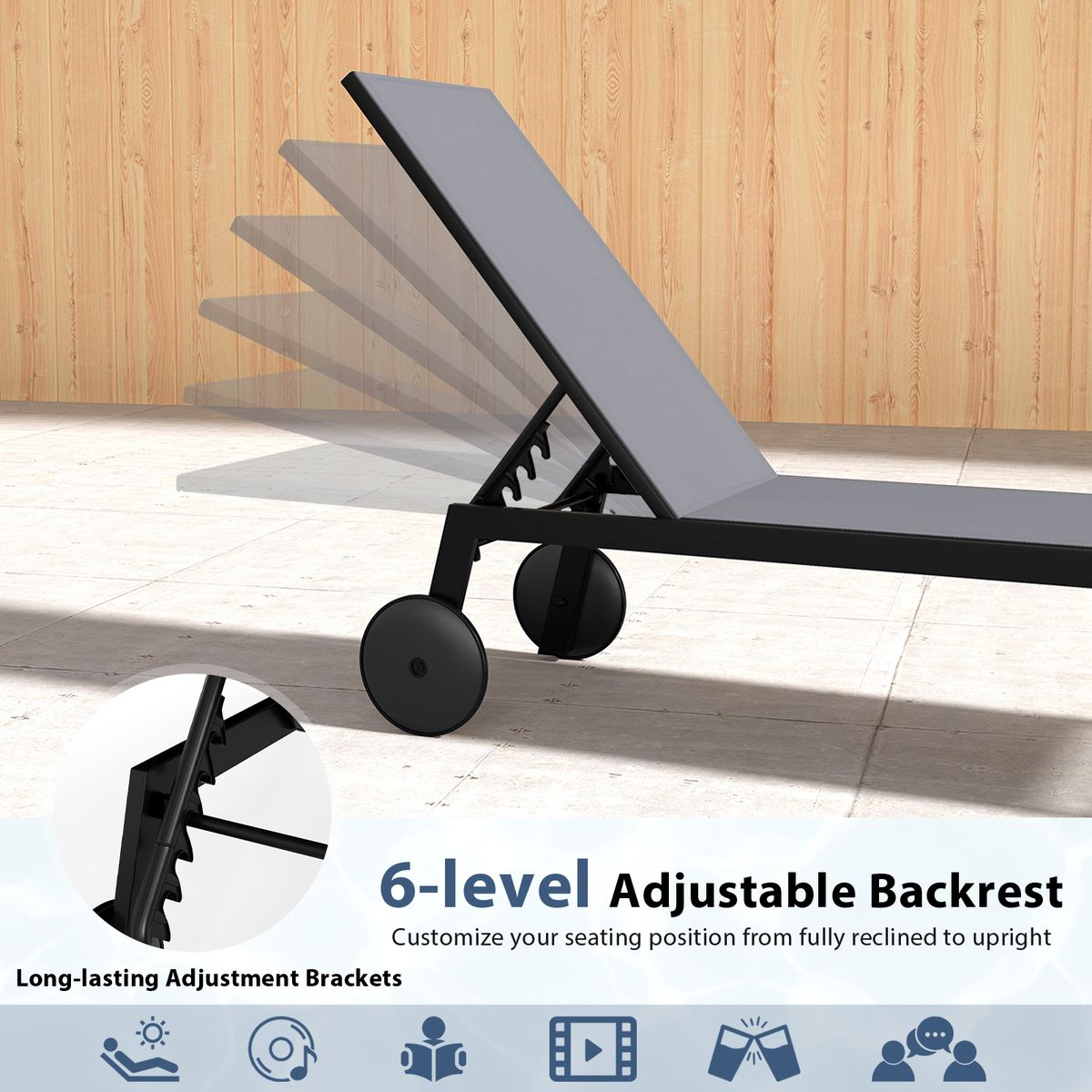 Coast tuinligstoelenset - verstelbare rugleuning - op wielen - metaal en stof - zwart / bruin / grijs
