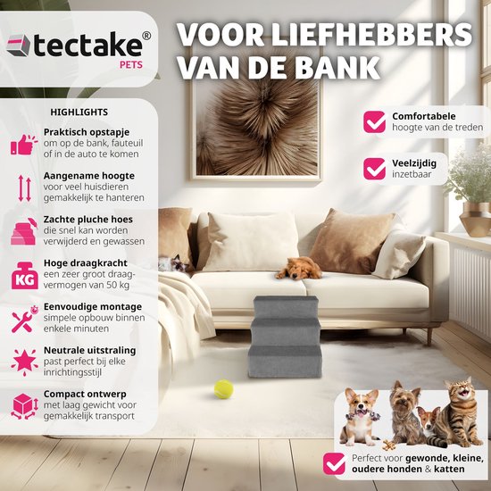 tectake® huisdiertrap, instaphulp met wasbare hoes, extra vlakke trap, (grijs, 37 x 45 x 34,5 cm)